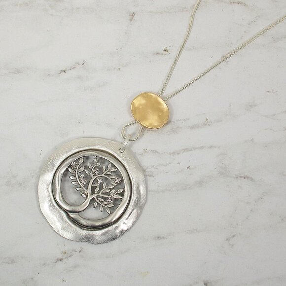 Tree of life large round pendant necklace with carved tree leaves center 2.65" - Picture 11 of 13